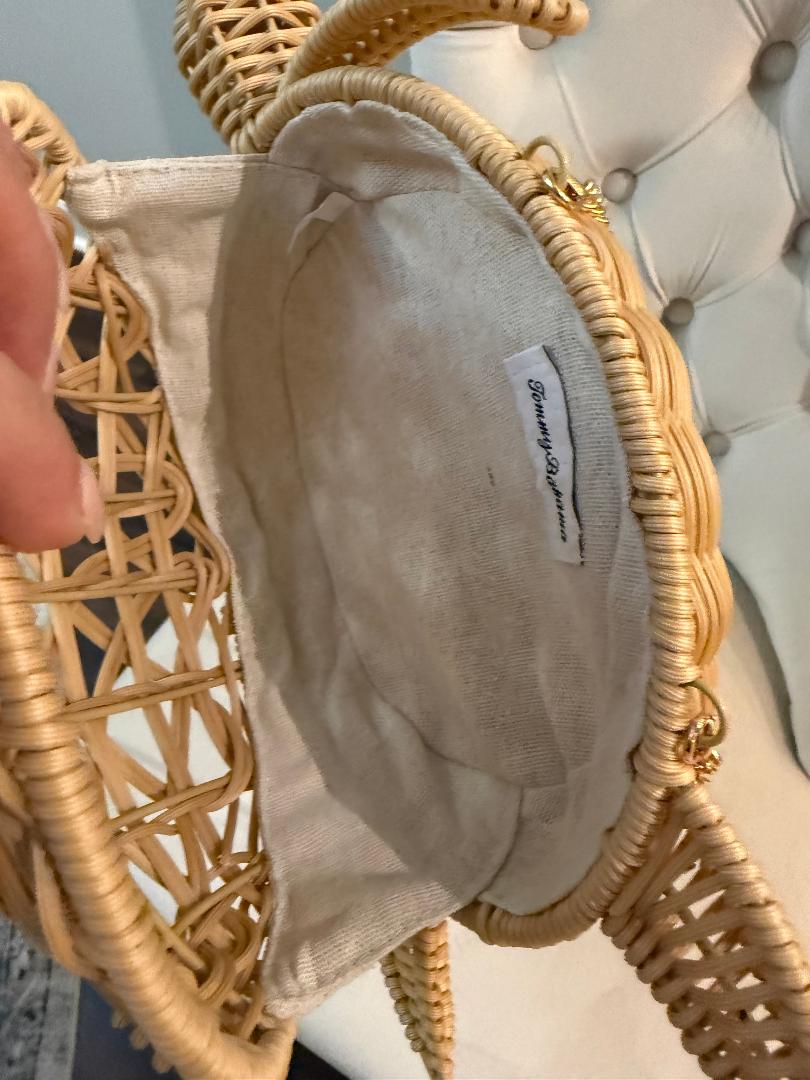 Trending Beaded Bags and Resort Collection - Tommy Bahama Wicker Turtle Crossbody with Gold Chain