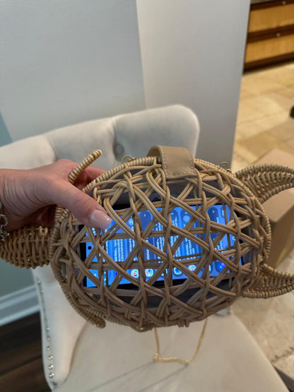 Trending Beaded Bags and Resort Collection - Tommy Bahama Wicker Turtle Crossbody with Gold Chain