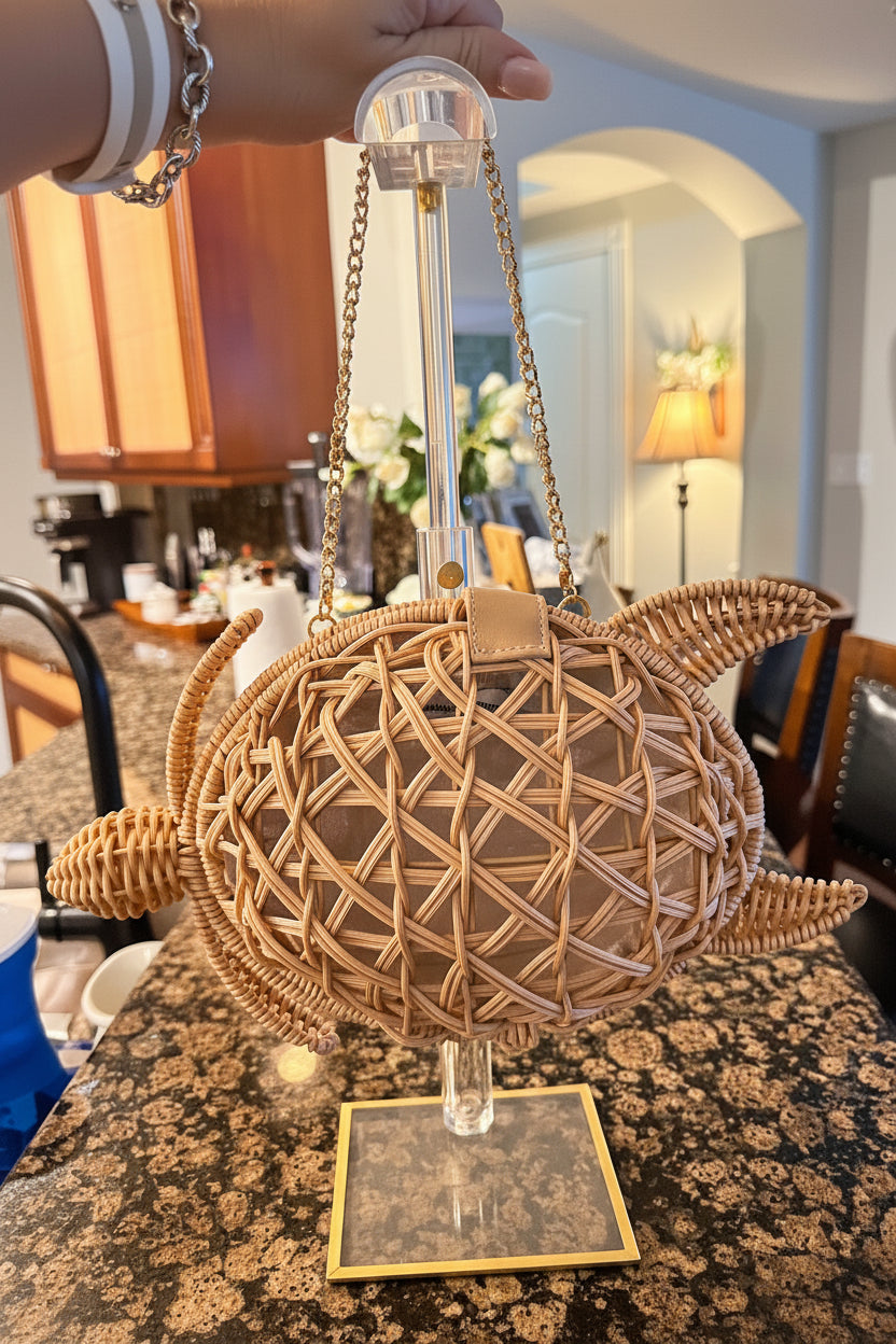 Trending Beaded Bags and Resort Collection - Tommy Bahama Wicker Turtle Crossbody with Gold Chain