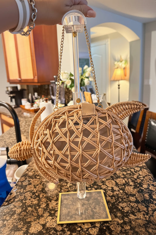 Trending Beaded Bags and Resort Collection - Tommy Bahama Wicker Turtle Crossbody with Gold Chain