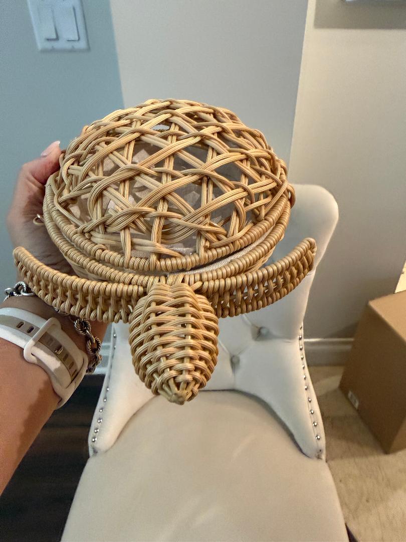 Trending Beaded Bags and Resort Collection - Tommy Bahama Wicker Turtle Crossbody with Gold Chain