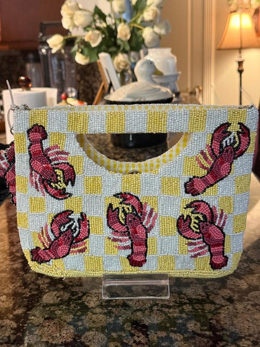 Trending Beaded Bags and Resort Collection - Yellow Checkered Clutch