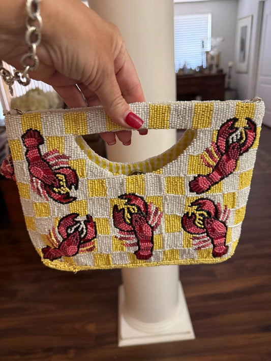 Trending Beaded Bags and Resort Collection - Yellow Checkered Clutch