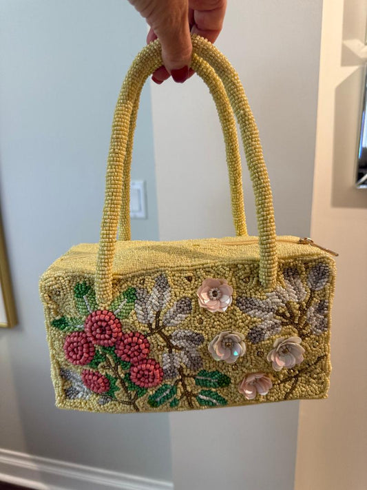 Trending Beaded Bags and Resort Collection - Yellow Floral Top Handle Tote