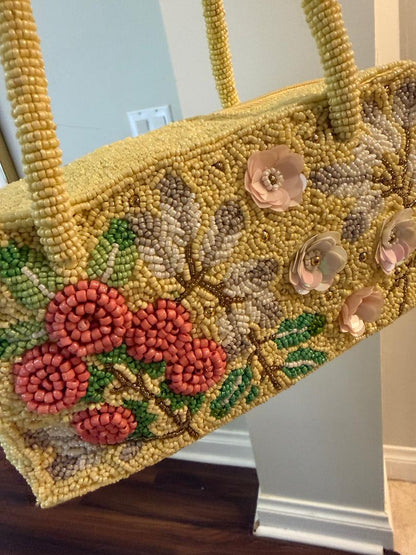 Trending Beaded Bags and Resort Collection - Yellow Floral Top Handle Tote