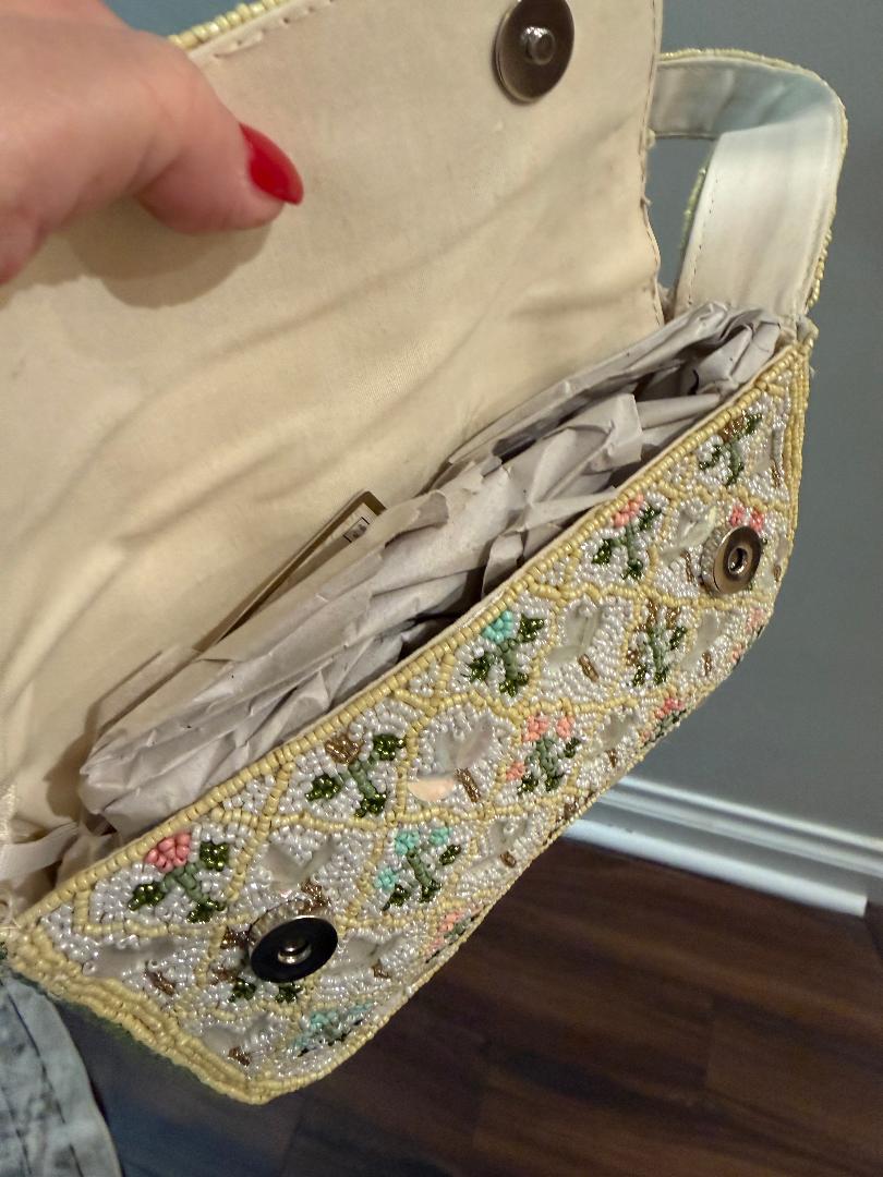 Beaded handbag yellow inside satin of a handbag with floral beading detail