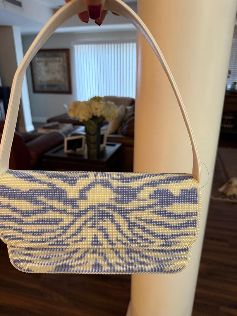 Trending Beaded Bags and Resort Collection - Baby Blue Zebra Beaded Shoulder Bag