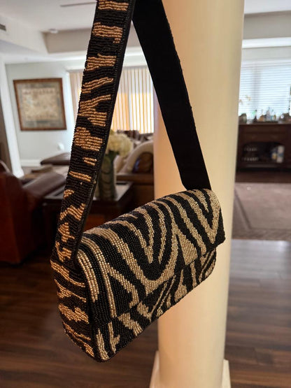 Trending Beaded Bags and Resort Collection - Black & Silver Zebra Beaded Shoulder Bag