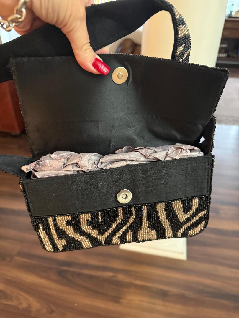 Trending Beaded Bags and Resort Collection - Black & Silver Zebra Beaded Shoulder Bag