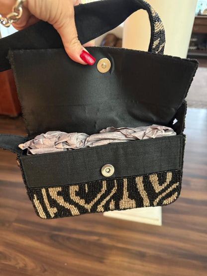 Trending Beaded Bags and Resort Collection - Black & Silver Zebra Beaded Shoulder Bag