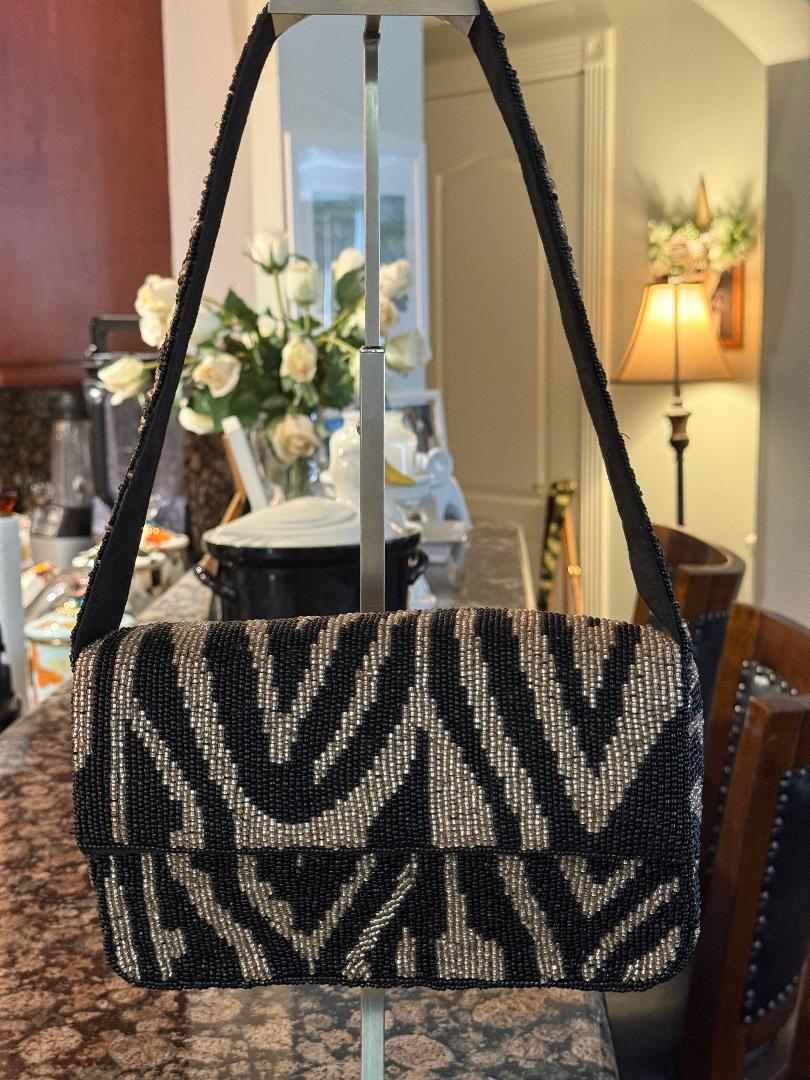 Trending Beaded Bags and Resort Collection - Black & Silver Zebra Beaded Shoulder Bag