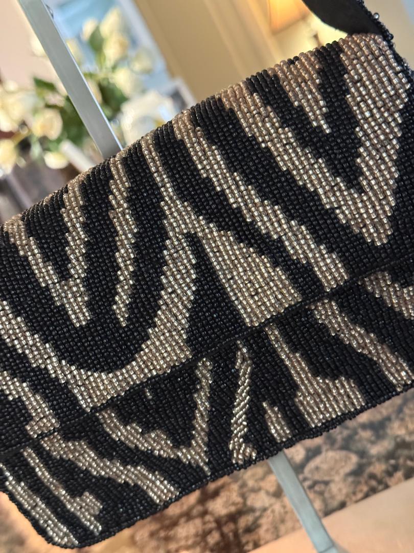 Trending Beaded Bags and Resort Collection - Black & Silver Zebra Beaded Shoulder Bag
