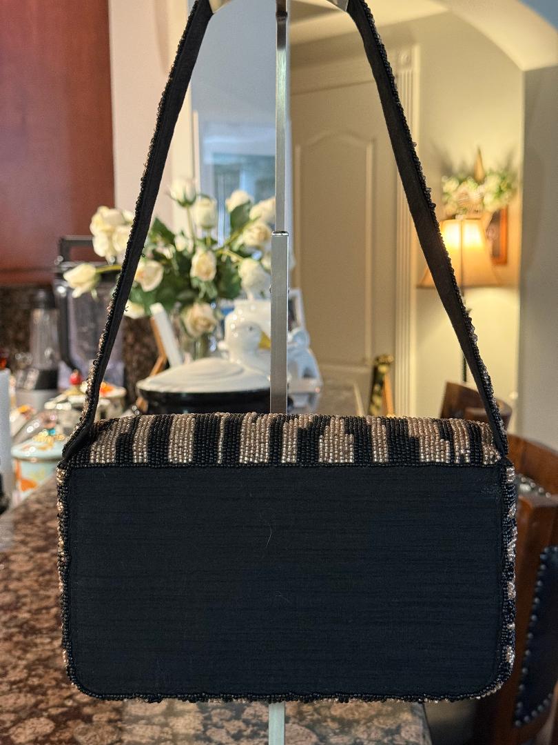 Trending Beaded Bags and Resort Collection - Black & Silver Zebra Beaded Shoulder Bag