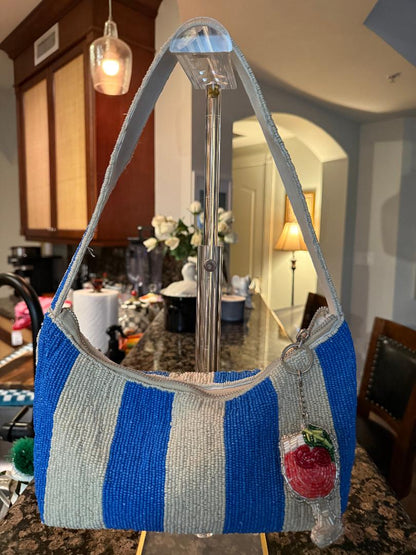 Trending Beaded Bags - Blue White Striped Cocktails with Bag Charm
