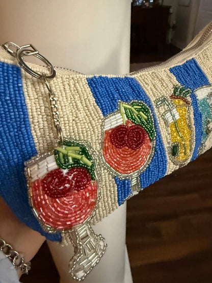 Trending Beaded Bags - Blue White Striped Cocktails with Bag Charm