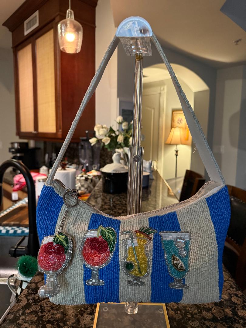 Trending Beaded Bags - Blue White Striped Cocktails with Bag Charm
