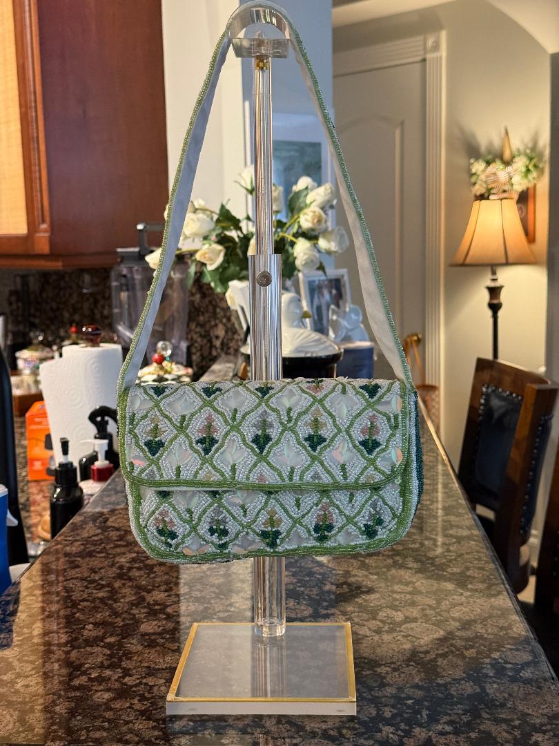 Trending Beaded Bags and Resort Collection - Green Floral Triangle Pattern