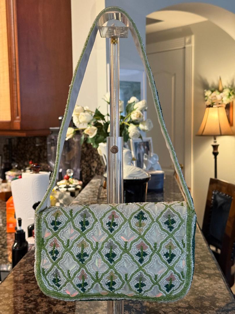 Trending Beaded Bags and Resort Collection - Green Floral Triangle Pattern