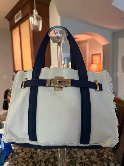 Trending Beaded Bags and Resort Collection - BOATKIN MINI Navy/White Canvas Tote