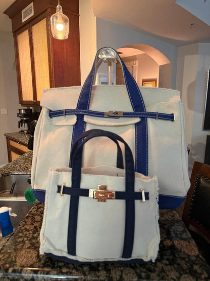 White bags with blue straps on a kitchen counter