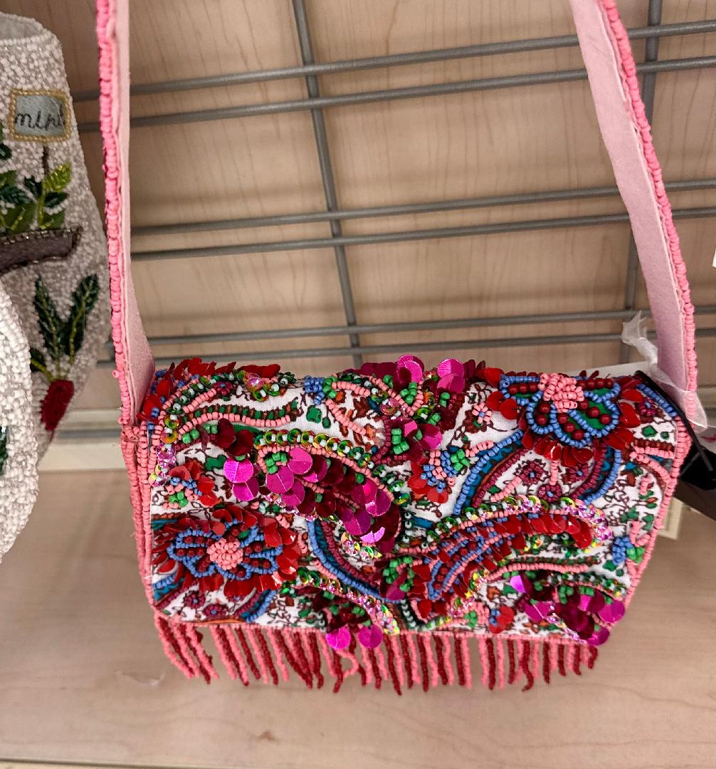 Beaded Colorful embroidered bag with pink trim with fringe