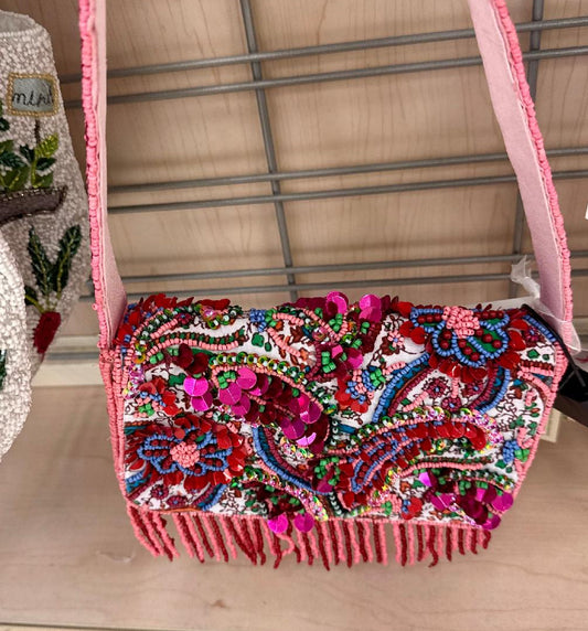 Beaded Colorful embroidered bag with pink trim with fringe