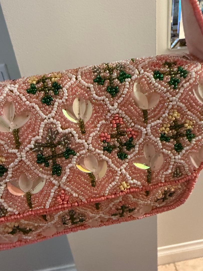 Trending Beaded Bags and Resort Collection - Pink Floral Triangle Pattern