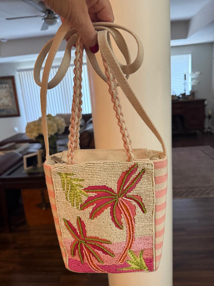 Trending Beaded Bags and Resort Collection - Pink & White Striped Palm Tree Crossbody