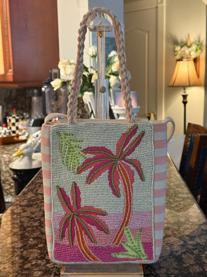 Trending Beaded Bags and Resort Collection - Pink & White Striped Palm Tree Crossbody