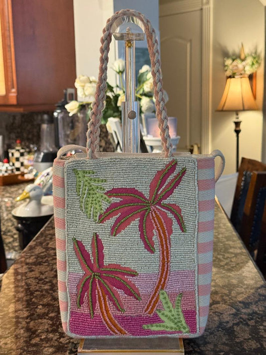 Trending Beaded Bags and Resort Collection - Pink & White Striped Palm Tree Crossbody