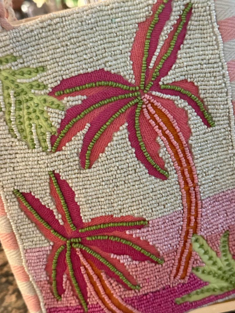Trending Beaded Bags and Resort Collection - Pink & White Striped Palm Tree Crossbody