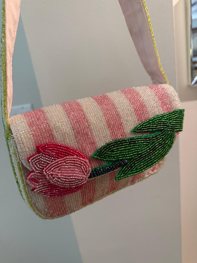Trending Beaded Bags and Resort Collection - Pink Tulip Striped Floral Shoulder Bag