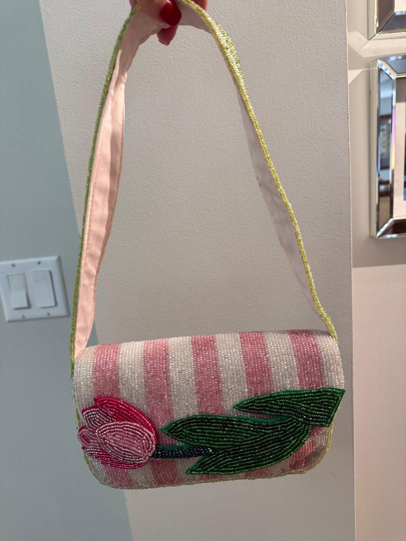 Trending Beaded Bags and Resort Collection - Pink Tulip Striped Floral Shoulder Bag
