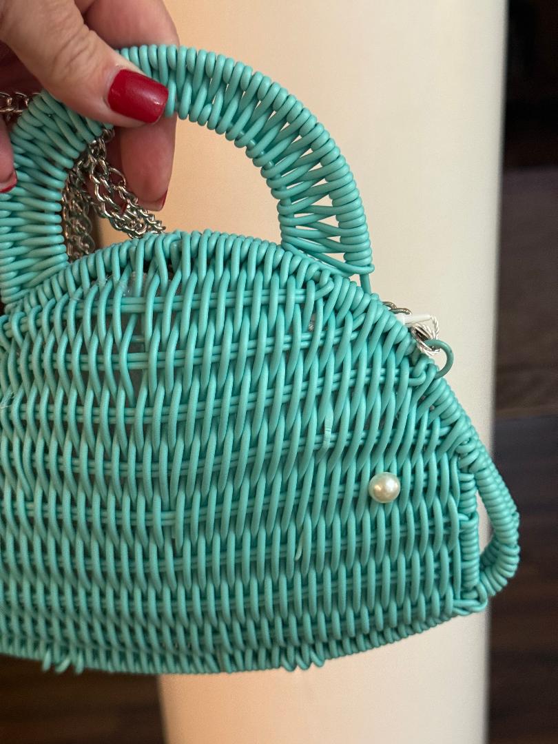 Trending Beaded Bags and Resort Collection - Aqua Wicker Whale Crossbody with Silver Chain