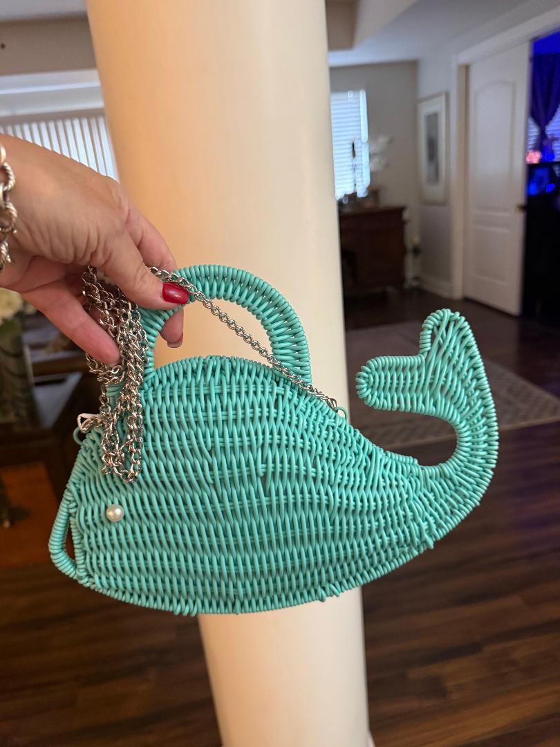 Trending Beaded Bags and Resort Collection - Aqua Wicker Whale Crossbody with Silver Chain