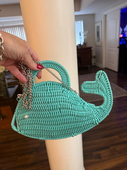 Trending Beaded Bags and Resort Collection - Aqua Wicker Whale Crossbody with Silver Chain
