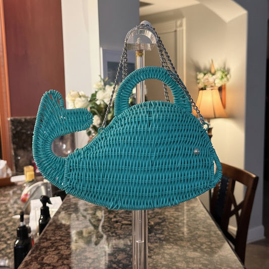 Trending Beaded Bags and Resort Collection - Aqua Wicker Whale Crossbody with Silver Chain